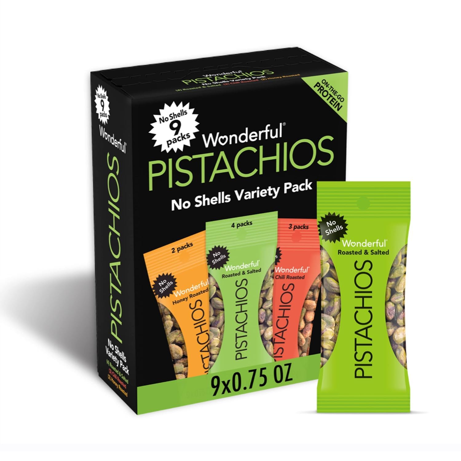 Wonderful Pistachios No Shells, 3 Flavors Mixed Variety Pack of 9 (0.75 Ounce), Roasted & Salted Nuts (4), Chili Roasted (3), Honey Roasted (2), Protein Snacks, On-the-Go, Individually Wrapped Healthy Snacks