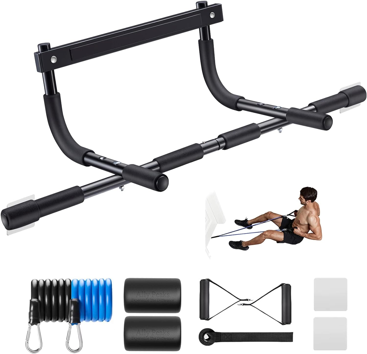 Ally Peaks Pull Up Bar for Doorway | Thickened Steel Max Limit 440 lbs Upper Body Fitness Workout Bar| Multi-Grip Strength for Doorway | Indoor Chin-Up Bar Fitness Trainer for Home Gym Portable