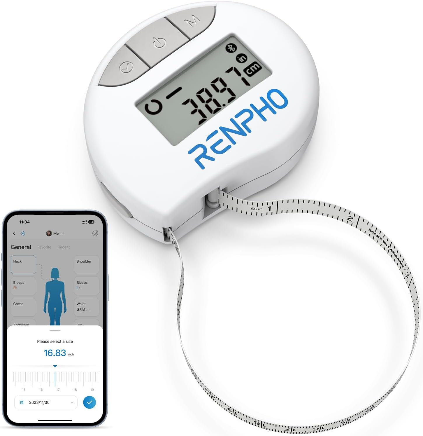 RENPHO Body Measuring Tape, Smart Tape Measure for Weight Loss, Bluetooth Tape with App, Retractable Tape for Measuring Waist, Hip, Bust, Arms, Muscle Gain, Fitness Equipment, 60in /150cm, White