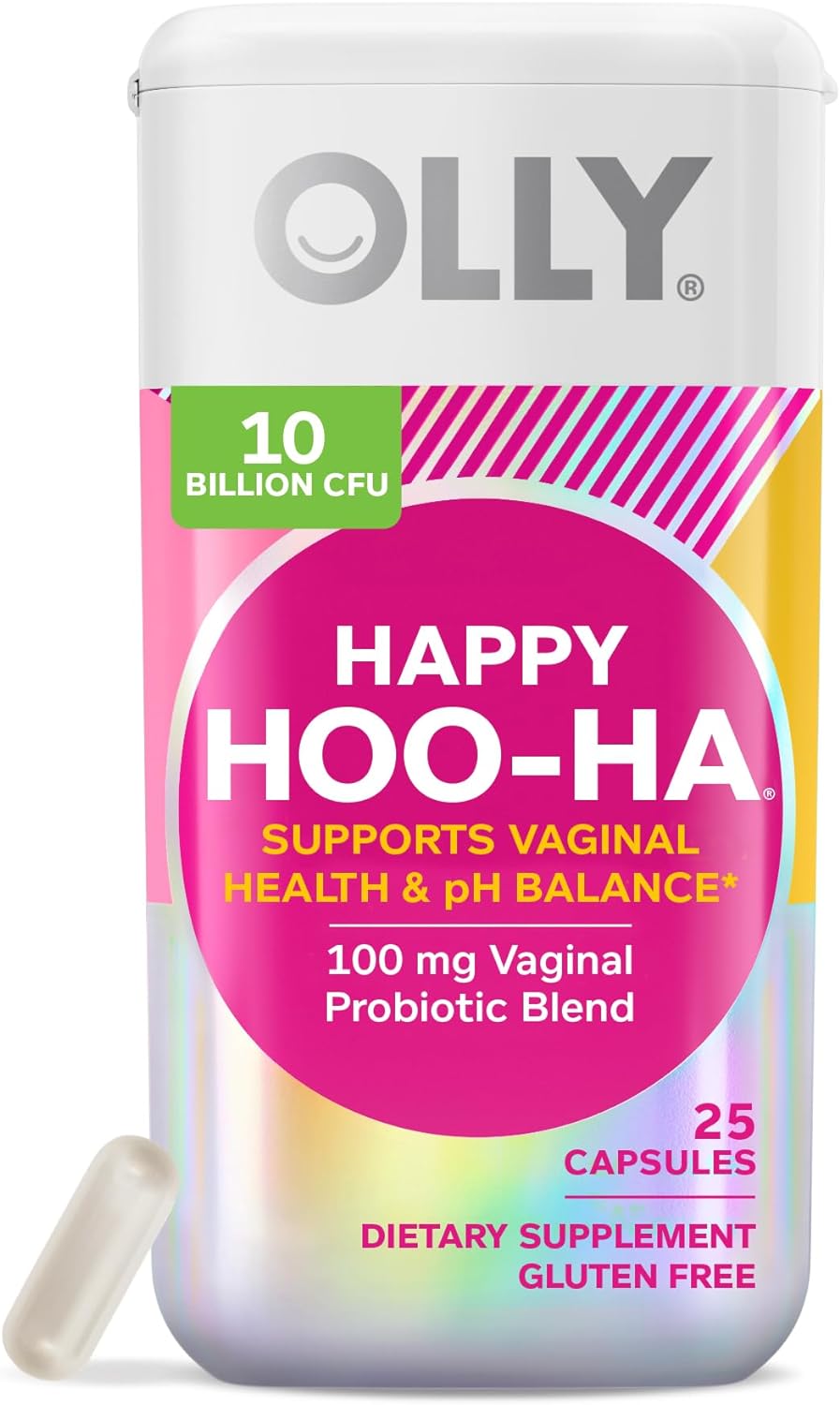 OLLY Happy Hoo-Ha Capsules, Probiotic for Women, Vaginal Health and pH Balance, 10 Billion CFU, Gluten Free – 25 Count