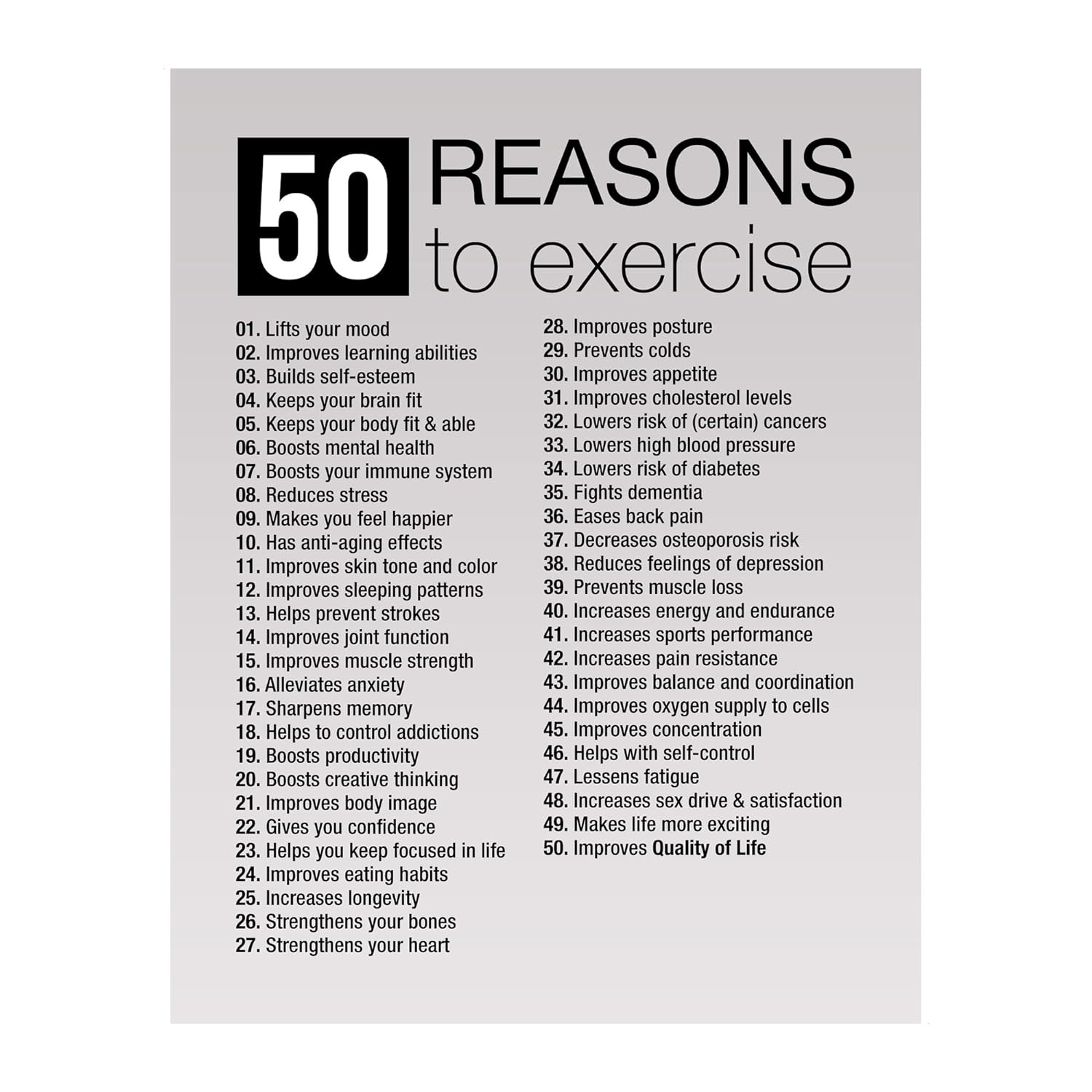 50 Reason To Exercise – Motivational Wall Art Print, Inspirational Fitness Quotes Wall Art Decor for Home Decor, Gym Decor, Workout Room Decor, Sports Room Decor Unframed Wall Print – 11×14″