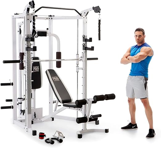 Marcy Combo Smith Cage Machine Full Body Training Home Gym System with Leg Developer, Padded Workout Bench, and Strength Training Weight Bar, White