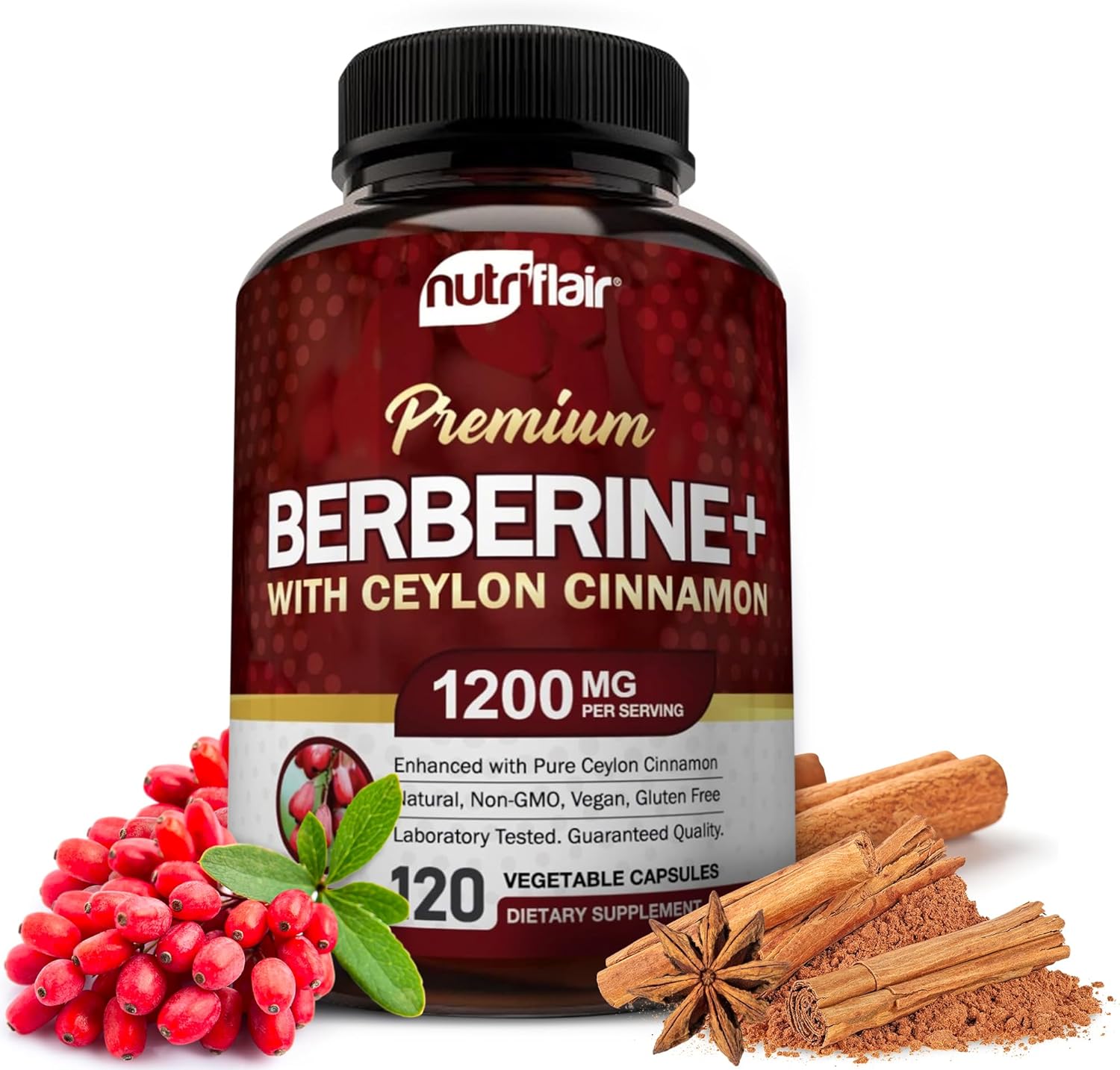 NutriFlair Premium Berberine HCL 1200mg, 120 Capsules – Plus Pure True Ceylon Cinnamon, Berberine HCI Root Supplements Pills – Immune System, Healthy Weight Management