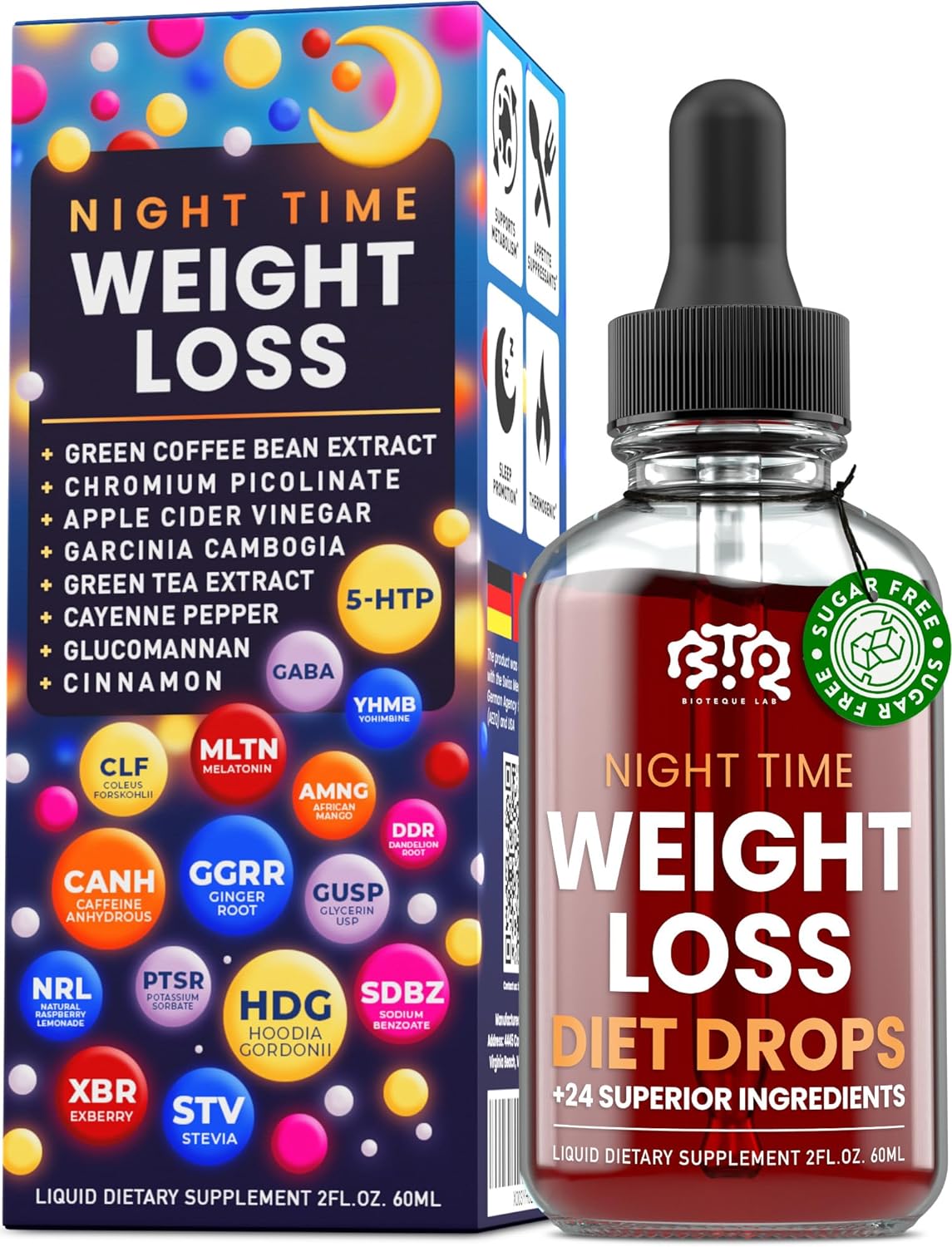 Night Time Weight Loss Diet Drops – Appetite Control, Fat Burner, Metabolism Booster – Apple Cider Vinegar – Cinnamon – Cayenne Pepper