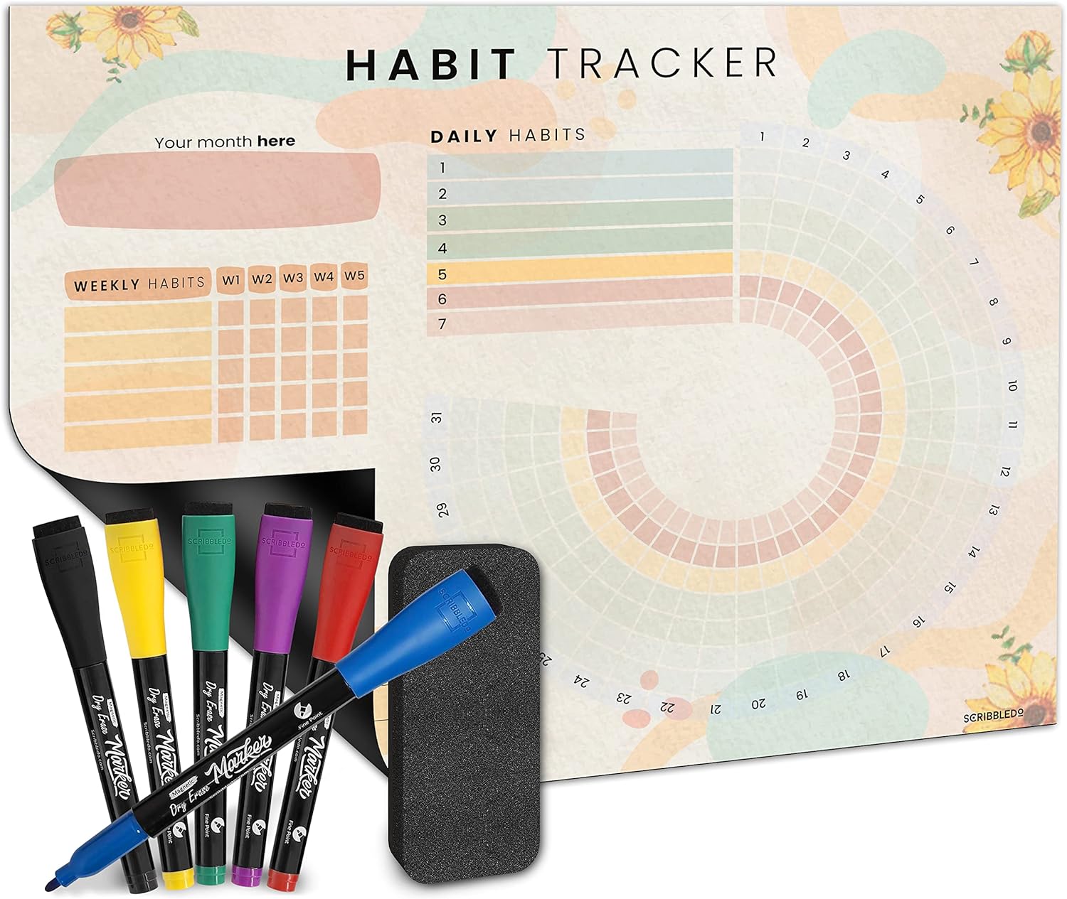 Habit Tracker Journal Workout Motivation Fridge Calendar Dry Erase 13” X 17” Magnet Health Fitness Goal Tracker Goals Board – with Shopping Grocery List – 6 Markers Included